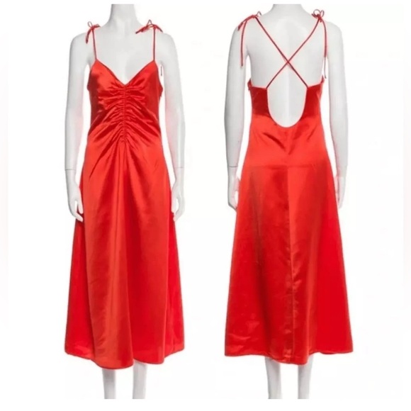 Jason Wu NWT Orange Strappy Ruched Plunge Neckline Midi Slip Dress Size Large - Picture 1 of 10